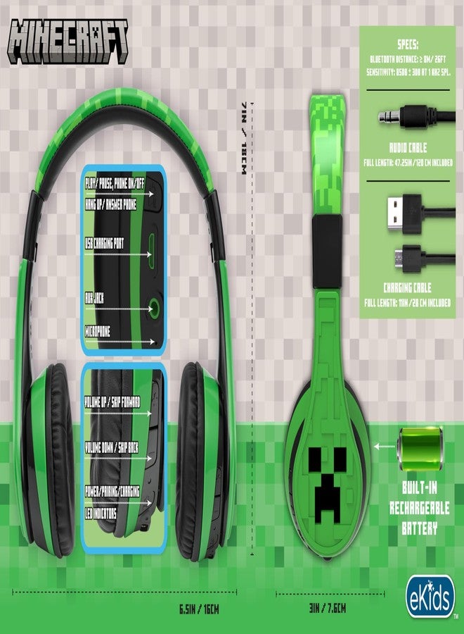 eKids Minecraft Kids Bluetooth Headphones, Wireless Headphones with Microphone Includes Aux Cord, Volume Reduced Kids Foldable Earphones - Image 3